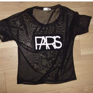 Chic Black Sheer Short Sleeve Tee with Paris Print